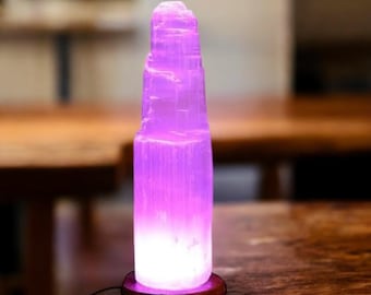 Handgjord selenitkristalllampa, flerfärgad USB-träbas