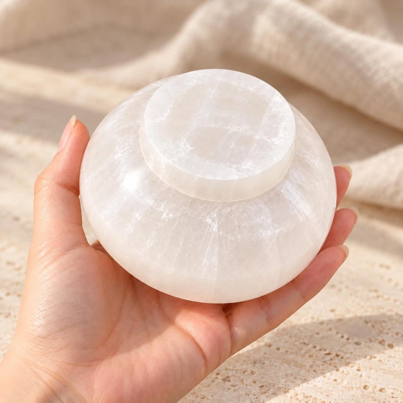 Puede incluir: Un cuenco peque&ntilde;o y redondo de selenita blanca con una superficie lisa y pulida y una textura cristalina transl&uacute;cida. El cuenco presenta un cuerpo ancho y curvado con una base circular elevada que muestra el aspecto fibroso.
