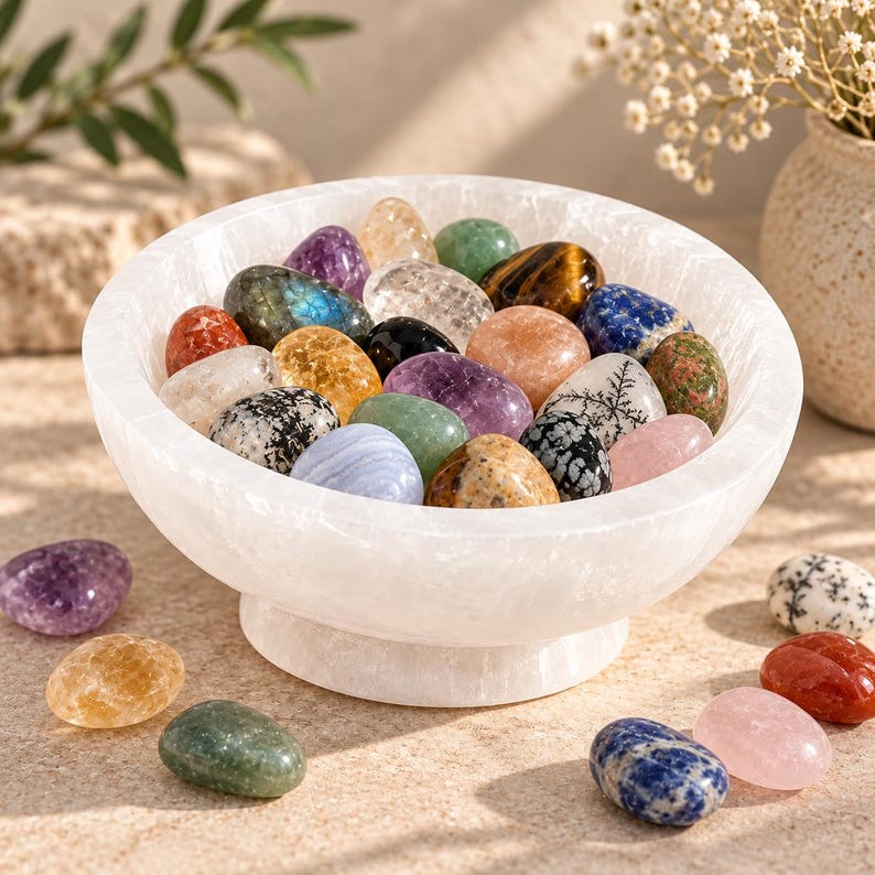 Puede incluir: Un cuenco de pedestal de selenita blanca lleno de una variedad de piedras preciosas pulidas y multicolores, incluyendo amatista, ojo de tigre, sodalita, cuarzo rosa y labradorita, con varias piedras sueltas esparcidas alrededor de la base.