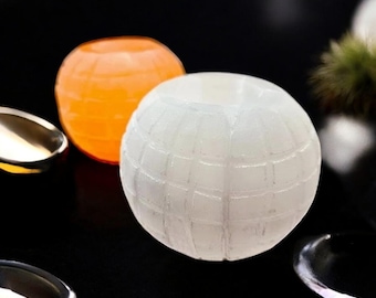 Hand Carved Selenite Sphere Tea Light Holder, Home Decor