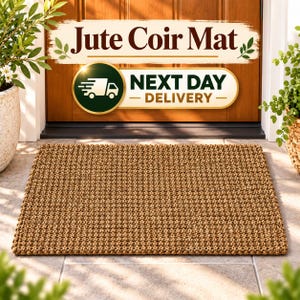 Puede incluir: Un felpudo rectangular de yute y fibra de coco de color natural con una textura tejida gruesa. La alfombra está colocada sobre una superficie de baldosas frente a una puerta de madera. La imagen incluye el texto Jute Coir Mat y NEXT DAY DELIVERY.