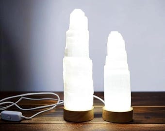 Selenite Crystal Lamp, USB LED with Wood Base, Healing Decor