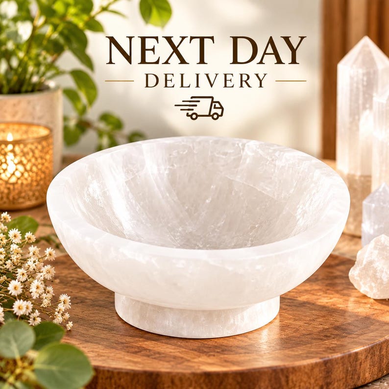 Puede incluir: Un cuenco circular de selenita blanca transl&uacute;cida con un acabado pulido y una base elevada. El cuenco presenta una textura cristalina y se asienta sobre una superficie de madera. El texto NEXT DAY DELIVERY es visible en la parte superior.