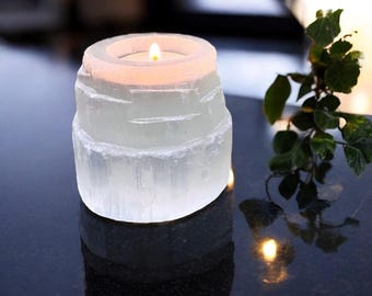 Selenite Tea Light Candle Holder, Healing Crystal Home Decor