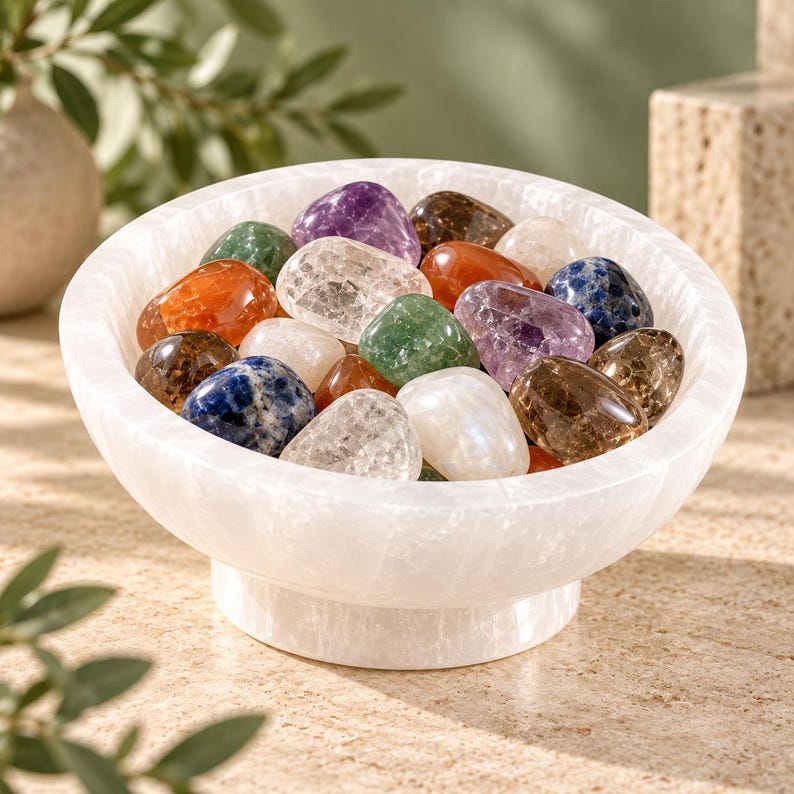 Puede incluir: Un cuenco blanco transl&uacute;cido con base, lleno de una colecci&oacute;n de piedras preciosas pulidas y multicolores. Las piedras incluyen varios tonos de amatista morada, cuarzo transparente, aventurina verde, cornalina naranja, sodalita azul y cuarzo ahumado marr&oacute;n.