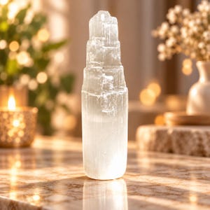 Puede incluir: Una torre de cristal de selenita alta y cilíndrica con una apariencia translúcida, blanca y fibrosa. La piedra presenta una base lisa y redondeada que se transforma en una estructura superior escalonada, dentada y cristalina con estrías verticales.