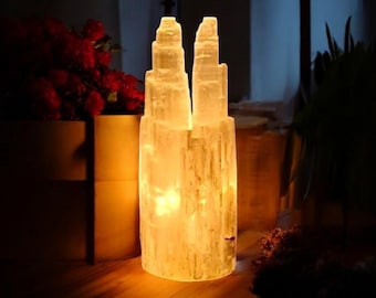 Hand Carved Selenite Lamp: Twin Tower Crystal Table Lamp