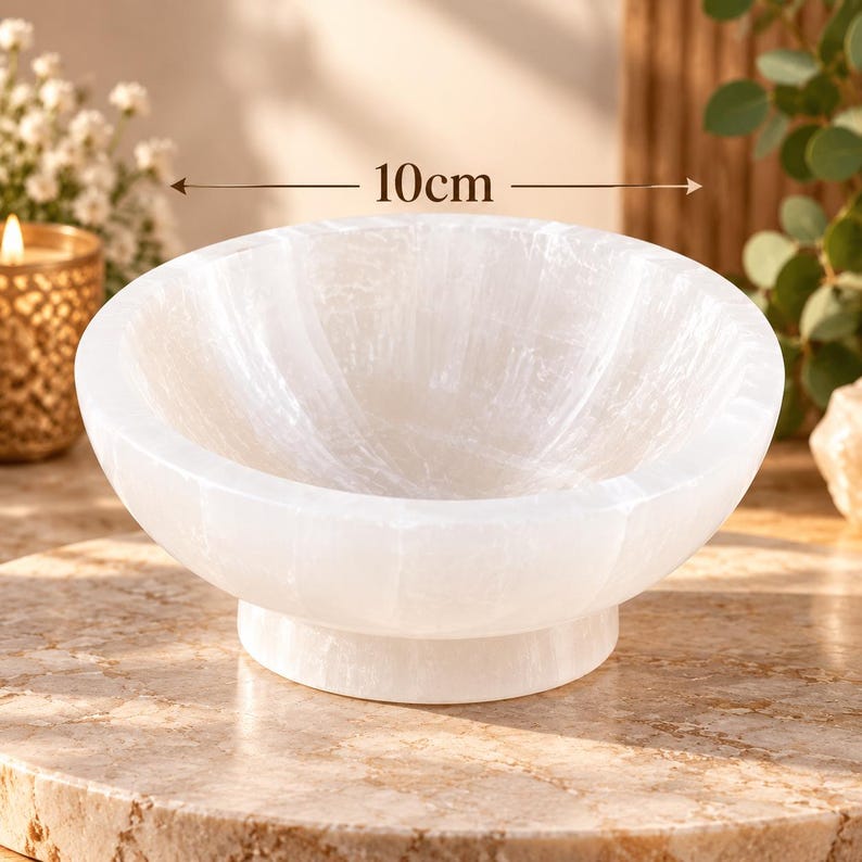 Puede incluir: Un cuenco circular de selenita blanca transl&uacute;cida con un acabado pulido y una base de pedestal. El cuenco presenta un indicador de medida visible que muestra un di&aacute;metro de 10 cm en la abertura superior del recipiente.