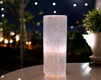 Selenite Cylinder Lamp, USB Crystal Table Lamp, Healing Home Decor