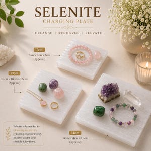 Könnte beinhalten: Drei quadratische weiße Selenit-Ladeplatten mit Textbeschriftungen für die Größen 7cm x 7cm x 1cm, 10cm x 10cm x 1.5cm und 14cm x 14cm x 1.5cm. Die Platten sind mit verschiedenen Kristallen, einem Goldring, einer Goldkette und einem Armband belegt.