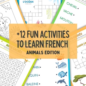 Learn French Animals | 12 Fun Activities for Kids | Crossword, Hidden Words, Color by Number + More
