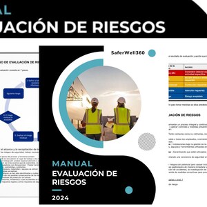 Puede incluir: Una imagen en blanco y negro de un manual para la evaluación de riesgos. El manual tiene 21 páginas y 4 plantillas de Excel. El título del manual es "Manual Evaluación de Riesgos" y el subtítulo es "2024". El manual es de SaferWell360.