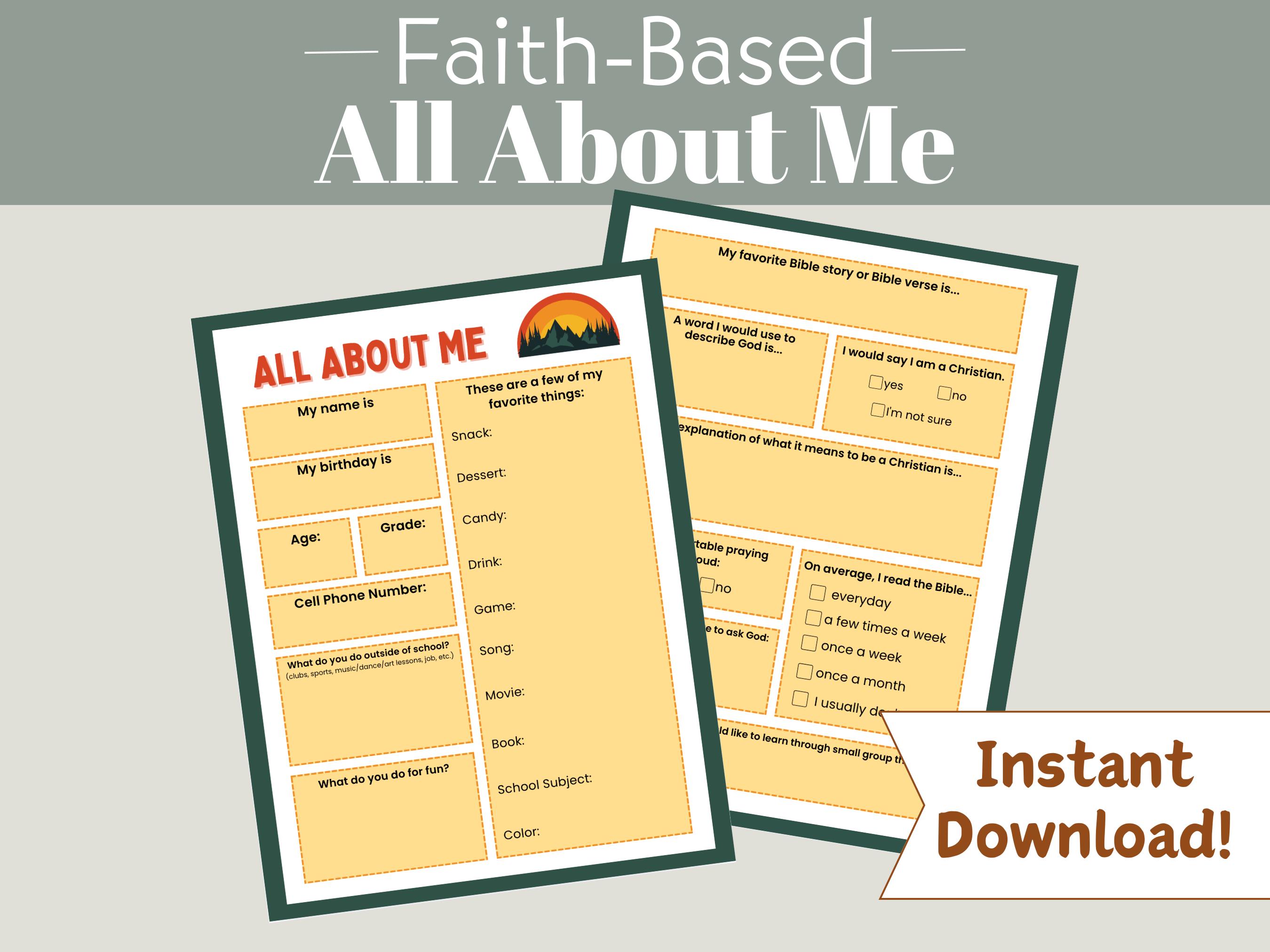 Christian All About Me Worksheet, Bible Study, Sunday School, Discipleship, Youth Group, Student Ministry, Get to Know Me, Mountains