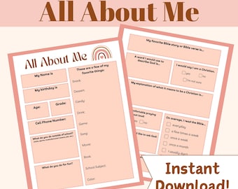 Christian All About Me Worksheet, Bible Study, Sunday School, Discipleship, Youth Group, Student Ministry, Get to Know Me, Boho Rainbow