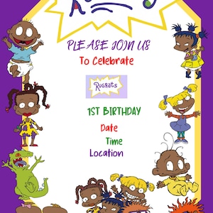 Einladungskarte zum Geburtstag von Afroamerikaner Rugrats | Rugrats Geburtstagseinladung | Schwarze Teppiche Theme | Rugrats Party | Bearbeitbare Canva Vorlage