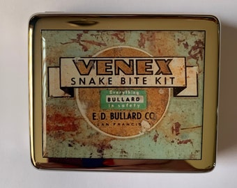 Vintage Snake Bite Kit Label 8 Day Pill Box with Mirror