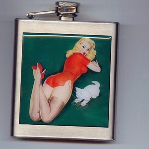 Pin Up Pinup Girl and Cat Retro Liquor Hip Flask Stainless Steel 6 oz