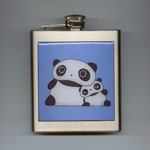 May include: A silver flask with a blue background and a graphic of two cartoon pandas. The larger panda is white with black ears, eyes, and paws. The smaller panda is white with black eyes and paws.
