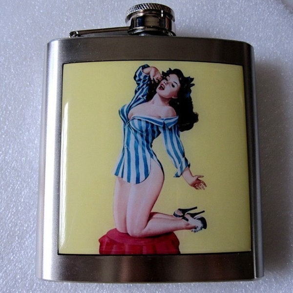 Pin Up Pinup Girl Sexy Retro Liquor Hip Flask Stainless Steel 6 oz