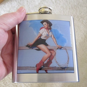 Cowgirl Pin Up Pinup Liquor Hip Flask Stainless Steel 6 ounce image 2