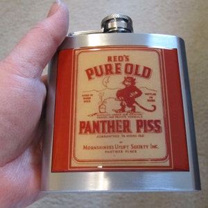 Vintage Moonshine Label Liquor Hip Flask Panther Piss 6 Ounce