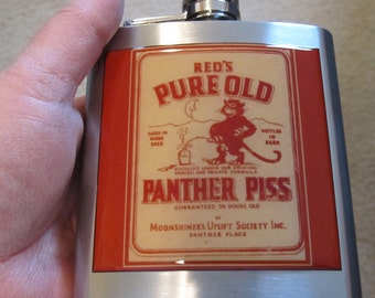 Vintage Moonshine Label Liquor Hip Flask Panther Piss 6 Ounce