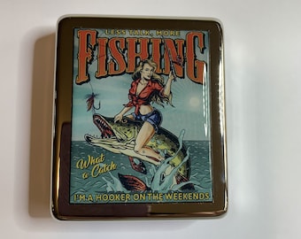 Vintage Poster Fishing Funny 8 Day Pill Box with Mirror