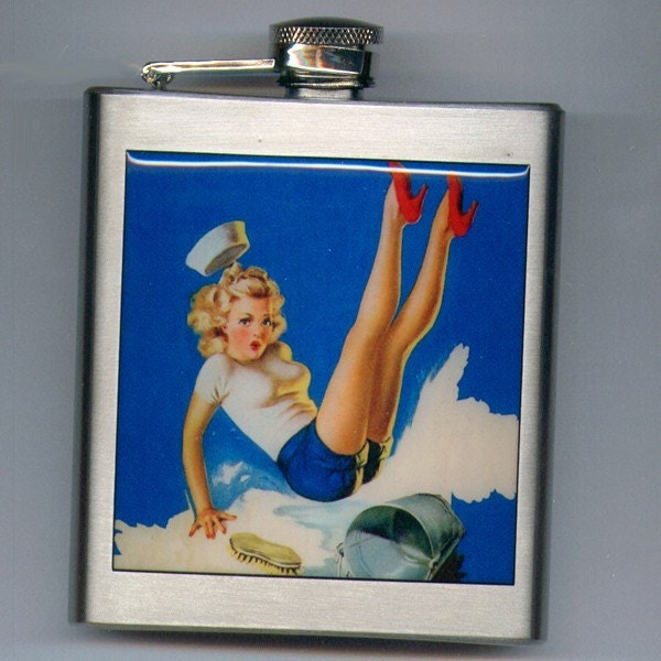 Pin Up Vinatge Sailor Girl Liquor Hip Flask Stainless Steel