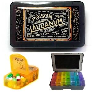 Pastillero vintage con etiqueta de láudano para 7 días, 2 pastillas al día