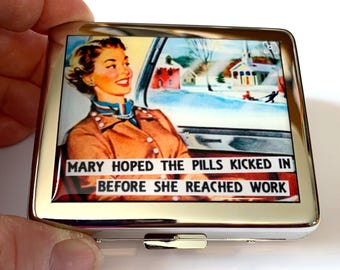 Vintage Poster Funny 7 Day Pill Box with Mirror