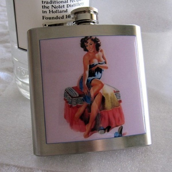 Pin Up Pinup Girl with Towel Retro Liquor Hip Flask 6 ounce Stainless Steel