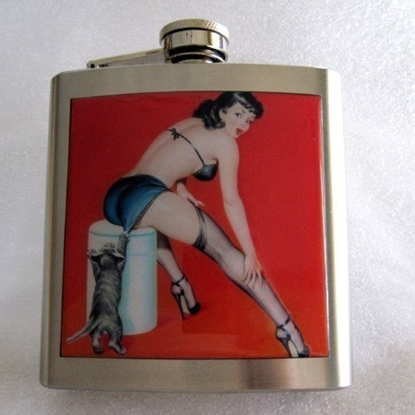 Pin Up Pinup Girl with Cat Sexy Retro Liquor Hip Flask Stainless Steel 6 ounce
