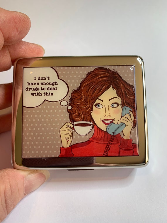 Vintage Pop Art Funny 8 Day Pill Box with Mirror