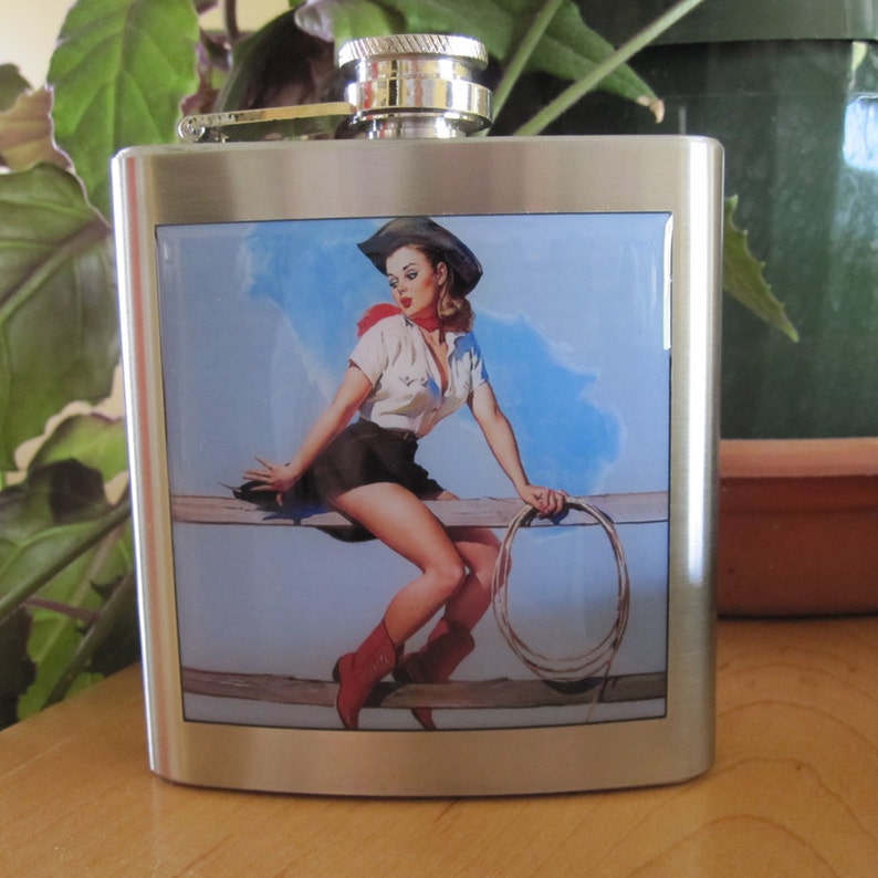 Cowgirl Pin Up Pinup Liquor Hip Flask Stainless Steel 6 ounce image 1