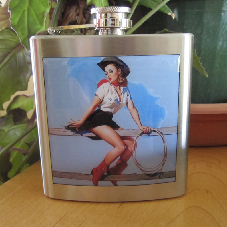Cowgirl Pin Up Pinup Liquor Hip Flask Stainless Steel 6 ounce image 3