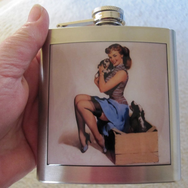Pinup Pin Up Sexy Girl with Puppies Liquor Hip Flask