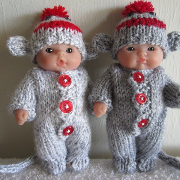 Sock Monkey Knitting Pattern 5 Inch Chubby Lots to Love Berenguer Baby Dolls suit hat tail grey marl and red doll clothes