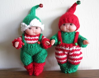 Santa's Itty Bitty Elf Knitting Pattern 5 Inch Chubby Lots to Love Berenguer Baby Dolls striped or plain dungarees elf shoes hat sweater