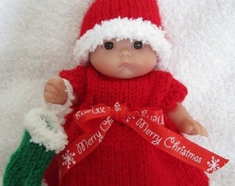 Knitting Pattern for 5 inch Berenguer Itty Bitty Baby Dolls Christmas Eve Dress Set with stocking instant download pattern