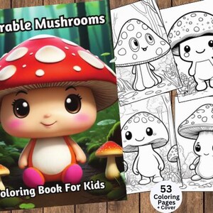 Kawaii Mushrooms Coloring, Mushroom Coloring, Mushroom Coloring Pages, Cute Mushrooms, Adult And Kids Coloring, Grayscale, Coloring Sheets