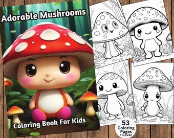Kawaii Mushrooms Coloring, Mushroom Coloring, Mushroom Coloring Pages, Cute Mushrooms, Adult And Kids Coloring, Grayscale, Coloring Sheets