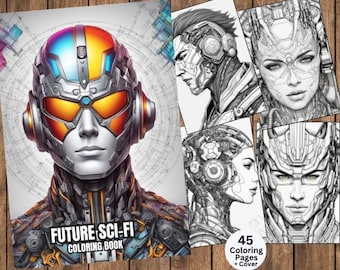 Könnte beinhalten: Ein futuristisches Malbuchcover mit einem Roboter mit einem bunten Helm und Kopfhörern. Der Text auf dem Cover lautet "Future Sci-Fi Coloring Book". Es gibt 45 Malvorlagen plus ein Cover.