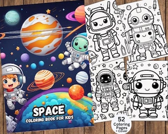 May include: A coloring book for kids featuring a space theme. The cover shows a colorful illustration of planets, stars, and astronauts. The title of the book is "SPACE COLORING BOOK FOR KIDS".