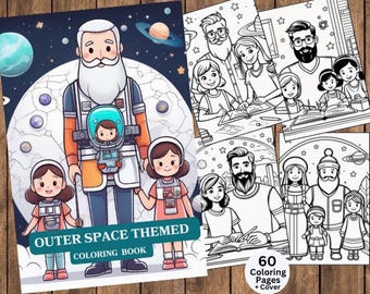 Peut inclure: Un livre de coloriage avec une couverture représentant un astronaute de dessin animé tenant un bébé astronaute. La couverture est intitulée "Outer Space Themed Coloring Book". Le livre contient 60 pages à colorier et une couverture.