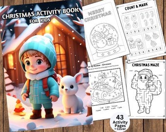 May include: A Christmas activity book for kids with 43 pages and a cover. The cover features a cartoon boy wearing a blue winter coat and a white hat, standing next to a white puppy. The book includes activities such as counting, colouring, and a maze.