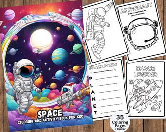 May include: A black and white coloring book with a cover featuring a colorful illustration of an astronaut in space. The title of the book is "Space Coloring and Activity Book for Kids".