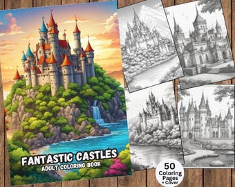 Página para colorear de castillos, página para colorear de castillos de fantasía, página para colorear para adultos, página para colorear de castillos medievales, arquitectura histórica, castillo escocés, cuento de hadas