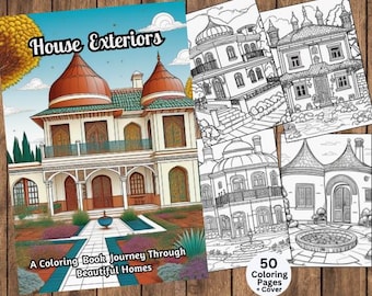 May include: A coloring book featuring 50 pages of detailed house exterior illustrations. The cover features a colorful illustration of a large, ornate house with a lush garden. The title of the book is "House Exteriors: A Coloring Book Journey Through Beautiful Homes".