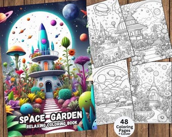 May include: A "Space Garden" relaxing coloring book with a colorful cover featuring a rocket ship and whimsical space-themed illustrations. Includes 48 coloring pages and a cover. The cover art showcases a vibrant, fantasy landscape.