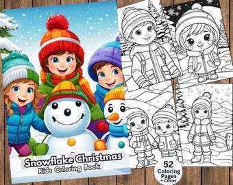May include: A colouring book with a winter theme featuring a snowman, children, and snowflakes. The cover of the book says "Snowflake Christmas Kids Colouring Book" and "52 Colouring Pages + Cover".